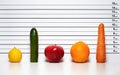 Diet detox vegetables and fruits aligned as suspects in eyewitness identification room Royalty Free Stock Photo