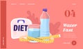 Diet, Drink Water, Weight Loss Landing Page Template. Water Glass and Bottle Wrapped with Measuring Tape and Scales Royalty Free Stock Photo