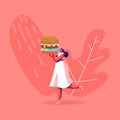 Diet Failure, Disruption Concept. Tiny Female Character Carry Huge Burger. Woman Eating Fast Food