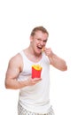 Diet failure of fat man eating french fries fast food. Portrait of overweight person who spoiled healthy meal . Junk