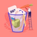 Diet Failure. Tiny Male Character Throw Carrot, Weights and Apple to Huge Basket. Fast Food International Day Royalty Free Stock Photo