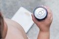 Diet. fat boy holding soft drink can. Royalty Free Stock Photo