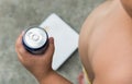 Diet. fat boy holding soft drink can. Royalty Free Stock Photo
