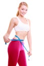 Diet. Fitness woman fit girl with measure tape measuring her waist Royalty Free Stock Photo