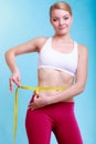 Diet. Fitness woman fit girl with measure tape measuring her waist Royalty Free Stock Photo