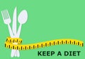 Diet and healhty eating concept poster with fork, knife, spoon,