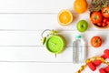 Diet Health eat and food for lifestyle health concept. Sport exercise equipment workout with fresh fruit and measuring tape for fi Royalty Free Stock Photo