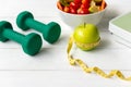 Diet Health food and lifestyle health concept. Sport exercise equipment workout Royalty Free Stock Photo