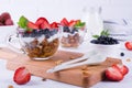Diet healthy dessert with yogurt, granola and fresh berries. Royalty Free Stock Photo
