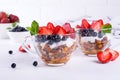 Diet healthy dessert with yogurt, granola and fresh berries. on white table Royalty Free Stock Photo