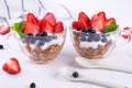 Diet healthy dessert with yogurt, granola and fresh berries. on white table Royalty Free Stock Photo