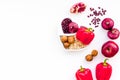 Diet for healthy heart. Food with antioxidants. Vegetables, fruits, nuts in heart shaped bowl on white background top Royalty Free Stock Photo