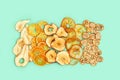 Diet Healthy snack, set of dried fruits. Dehydrated fruit chips of apple, banana, persimmon, tangerine, pear Royalty Free Stock Photo