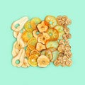 Diet Healthy snack, set of dried fruits. Dehydrated fruit chips of apple, banana, persimmon, tangerine, pear Royalty Free Stock Photo
