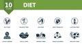 Diet icons set. Creative icons: nut free, palm oil free, soy free, zero trans fat, lactose free, localy grown, halal