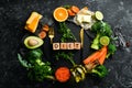 `DIET` inscription: Avocado, carrot, orange, broccoli, dried fruits, nuts and parsley.