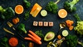 `DIET` inscription: Avocado, carrot, orange, broccoli, dried fruits, nuts and parsley.