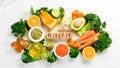 `DIET` inscription: Avocado, carrot, orange, broccoli, dried fruits, nuts and parsley. Royalty Free Stock Photo