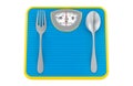 Diet meal concept. Weight scale with fork and spoon, 3D rendering Royalty Free Stock Photo