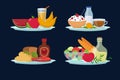 Daily diet meals, healthy food for breakfast, lunch, dinner cartoon vector icons