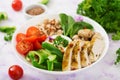 Diet menu. Healthy lifestyle. Oatmeal porridge, chicken fillet and fresh vegetable Royalty Free Stock Photo