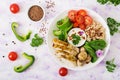 Diet menu. Healthy lifestyle. Oatmeal porridge, chicken fillet and fresh vegetables Royalty Free Stock Photo