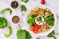 Diet menu. Healthy lifestyle. Oatmeal porridge, chicken fillet and fresh vegetables Royalty Free Stock Photo