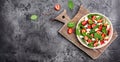 Diet menu. Healthy salad of fresh strawberry, spinach leaves, nuts and feta cheese, balsamic vinegar. Vegan food. Long banner Royalty Free Stock Photo