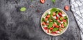 Diet menu. Healthy salad of fresh strawberry, spinach leaves, nuts and feta cheese, balsamic vinegar. Vegan food. Long banner Royalty Free Stock Photo