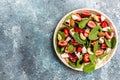 Diet menu. Healthy salad of fresh strawberry, spinach leaves, nuts and feta cheese, balsamic vinegar. Vegan food. Long banner Royalty Free Stock Photo