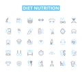 Diet nutrition linear icons set. Protein, Carbohydrates, Minerals, Vitamins, Fiber, Nutrients, Antioxidants line vector