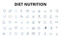 Diet nutrition linear icons set. Protein, Carbohydrates, Minerals, Vitamins, Fiber, Nutrients, Antioxidants vector