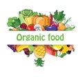 Diet and organic food template. Healthy eating vector concept with flat fruits, vegetables and copyspace. Great for Royalty Free Stock Photo