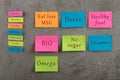 Diet plan concept - Many colorful sticky note with words eat less MSG, detox, healthy food, BIO, no sugar, vitamins, omega and
