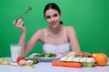 Diet plan, dieting menu or program. Woman eat vegetable. Girl weight loss and detox diet. Healthy food and dieting Royalty Free Stock Photo