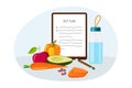 Diet plan. Healthy lifestyle planning, weight loss diets. Healthy foods, fruits, vegetables, salmon. List with hand Royalty Free Stock Photo