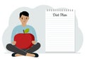 Diet plan illustration. A man sits cross-legged and holds a large red apple. The concept of diet food, meal planning Royalty Free Stock Photo