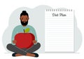 Diet plan illustration. A man sits cross-legged and holds a large red apple. The concept of diet food, meal planning Royalty Free Stock Photo