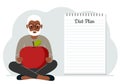 Diet plan illustration. A man sits cross-legged and holds a large red apple. The concept of diet food, meal planning Royalty Free Stock Photo