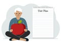 Diet plan illustration. A man sits cross-legged and holds a large red apple. The concept of diet food, meal planning Royalty Free Stock Photo