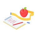Diet plan isometric vector illustration with red ripe apple, measuring tape and notepad with sign Royalty Free Stock Photo
