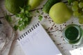 Diet plan, menu or program, tape measure, water and diet food, weight loss and detox concept, top view, green vegetables Royalty Free Stock Photo