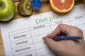 Diet plan, tape measure, water, diet of fresh fruits on the wooden floor Royalty Free Stock Photo