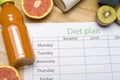 Diet plan, tape measure, water, diet of fresh fruits on the wooden floor Royalty Free Stock Photo