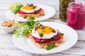 Diet sandwiches with beet root hummus, capers