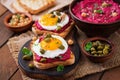 Diet sandwiches with beet root hummus, capers