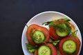 Diet sandwiches with greens, cucumber and tomato on a white plate