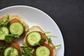 Diet sandwiches with greens, cucumber and tomato on a white plate