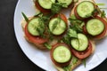 Diet sandwiches with greens, cucumber and tomato on a white plate