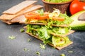 Diet sandwiches with guacamole and fresh vegetables